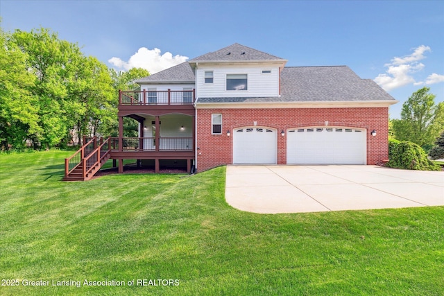 view of front of home featuring a wooden deck, driveway, a front yard, stairs, and a shingled roof
