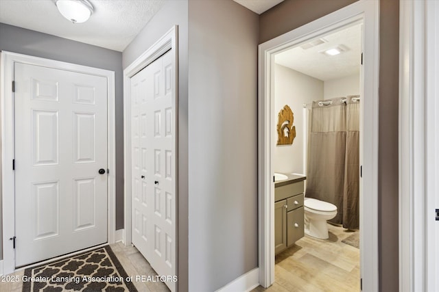 3842 Fossum Ln, Okemos, MI 48864 - bathroom featuring vanity, toilet, wood finished floors, a textured ceiling, and curtained shower
