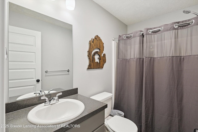 3842 Fossum Ln, Okemos, MI 48864 - full bath featuring a textured ceiling, vanity, toilet, and a shower with curtain