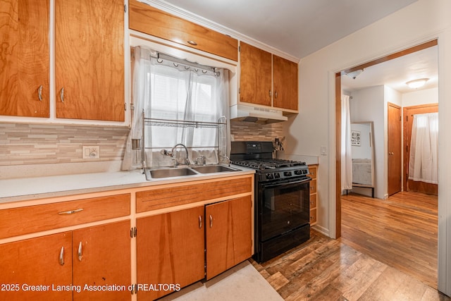 2018 Cooper Ave, Lansing, MI 48910 - kitchen featuring gas stove, under cabinet range hood, a sink, light countertops, and decorative backsplash