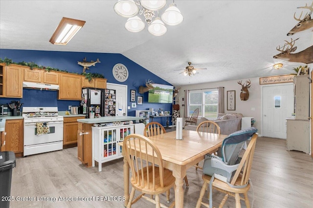 5669 Elm Rd, Olivet, MI 49076 - dining area featuring vaulted ceiling, light wood-style flooring, a chandelier, and a ceiling fan