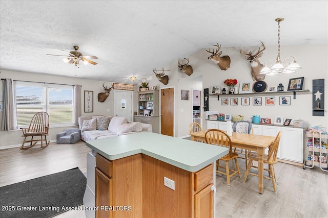 5669 Elm Rd, Olivet, MI 49076 - kitchen with light wood-type flooring, open floor plan, light countertops, a chandelier, and a ceiling fan
