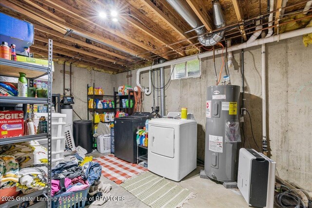 5669 Elm Rd, Olivet, MI 49076 - basement with washer and clothes dryer, electric water heater, and a water softener