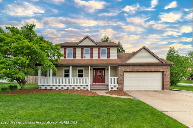 3979 Dayspring Ct, Okemos, MI 48864 - view of front of house with concrete driveway, an attached garage, covered porch, a front lawn, and a shingled roof