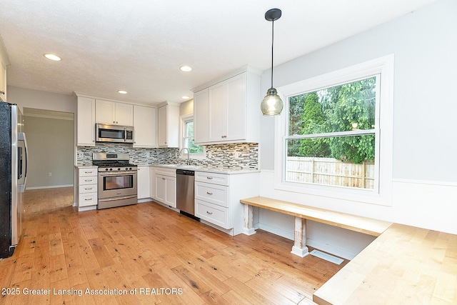 3979 Dayspring Ct, Okemos, MI 48864 - kitchen featuring appliances with stainless steel finishes, light wood-type flooring, light countertops, backsplash, and plenty of natural light