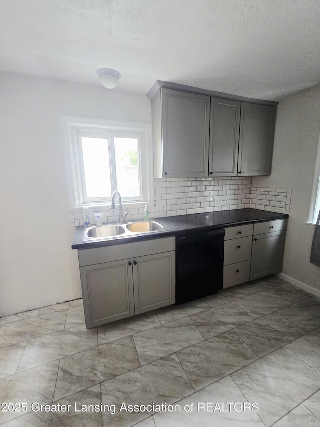1427 Sheldon St, Lansing, MI 48906 - kitchen with black dishwasher, a sink, gray cabinets, and decorative backsplash