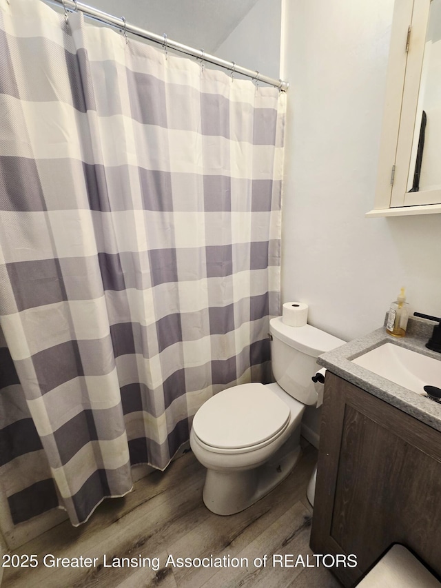 1427 Sheldon St, Lansing, MI 48906 - full bathroom with wood finished floors, toilet, vanity, and a shower with shower curtain