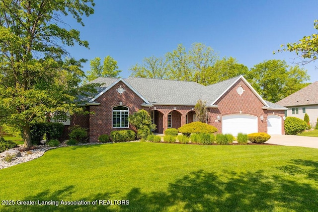 4655 Dimond Way, Dimondale, MI 48821 - traditional home with an attached garage, brick siding, a front lawn, and concrete driveway