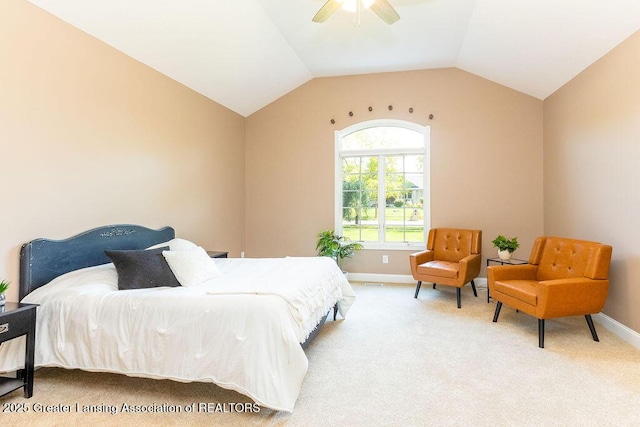 4655 Dimond Way, Dimondale, MI 48821 - bedroom with light colored carpet, baseboards, lofted ceiling, and a ceiling fan