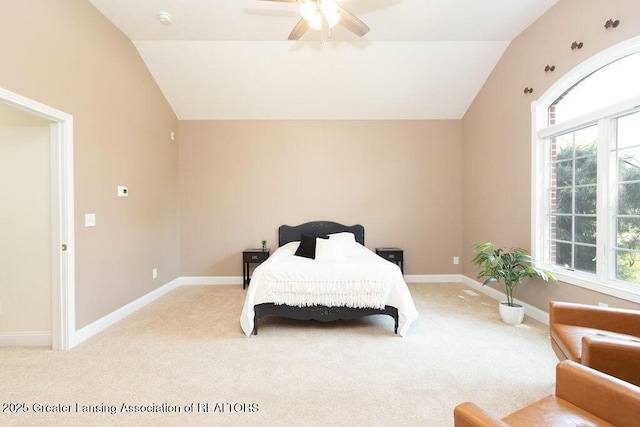 4655 Dimond Way, Dimondale, MI 48821 - bedroom featuring lofted ceiling, light colored carpet, baseboards, and ceiling fan
