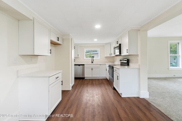 828 Backus St, Jackson, MI 49202 - kitchen with appliances with stainless steel finishes, a sink, recessed lighting, dark wood-type flooring, and white cabinets