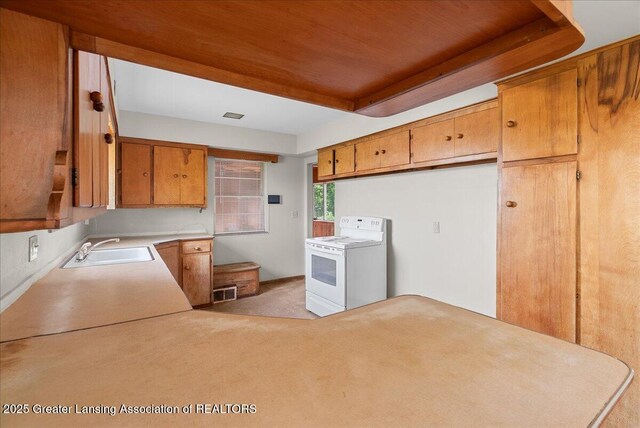 224 S Grace St, Lansing, MI 48917 - kitchen with white electric stove, a sink, light colored carpet, light countertops, and brown cabinetry
