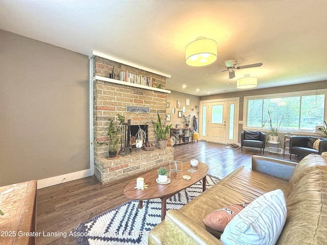 2215 Haslett Rd, East Lansing, MI 48823 - living area with wood finished floors, ceiling fan, baseboards, a fireplace, and recessed lighting