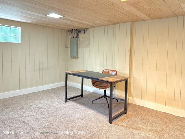 2215 Haslett Rd, East Lansing, MI 48823 - office with electric panel, wooden ceiling, carpet flooring, wooden walls, and baseboards