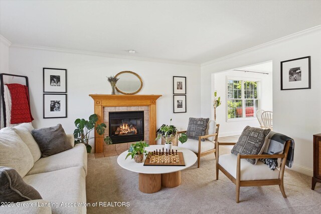 3795 Kirkland Ridge Dr, Holt, MI 48842 - living area with crown molding, a fireplace, light colored carpet, and baseboards