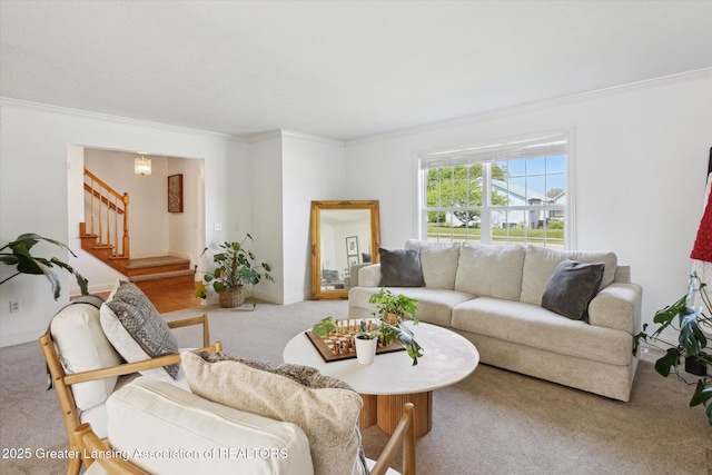 3795 Kirkland Ridge Dr, Holt, MI 48842 - living room with carpet, ornamental molding, stairway, and baseboards