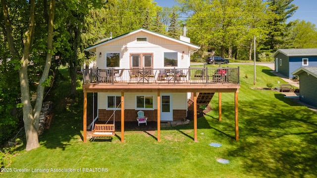 6391 Lakeshore Dr, Lakeview, MI 48850 - back of house with a deck, a chimney, a yard, and stairs