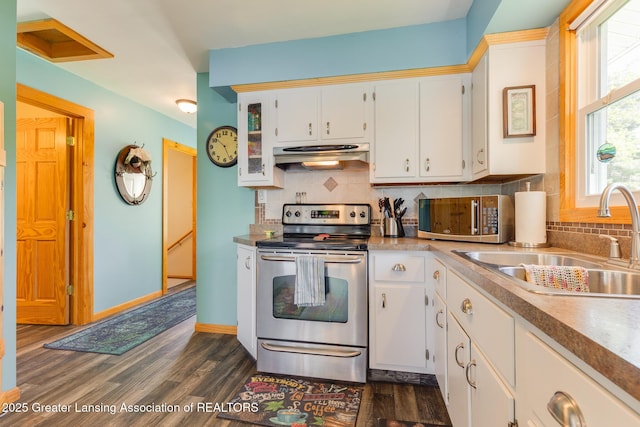 6391 Lakeshore Dr, Lakeview, MI 48850 - kitchen with stainless steel appliances, a sink, under cabinet range hood, and white cabinetry