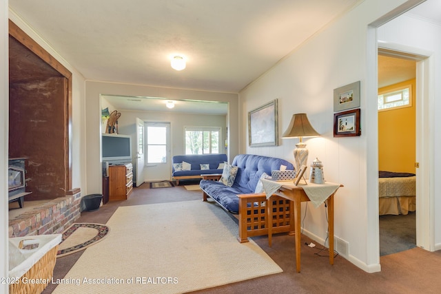 6391 Lakeshore Dr, Lakeview, MI 48850 - living room featuring carpet flooring, a wood stove, and baseboards
