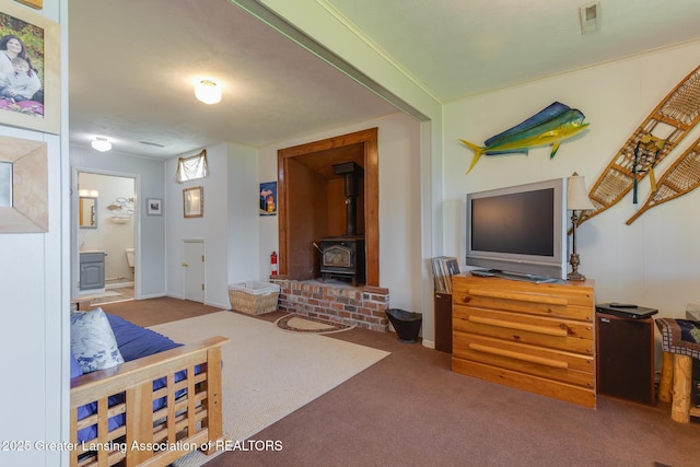 6391 Lakeshore Dr, Lakeview, MI 48850 - living area featuring a wood stove and carpet floors