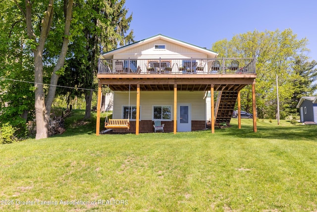 6391 Lakeshore Dr, Lakeview, MI 48850 - back of house with a wooden deck, a yard, and stairs