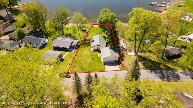 6391 Lakeshore Dr, Lakeview, MI 48850 - aerial perspective of suburban area with a nearby body of water and property parcel outlined