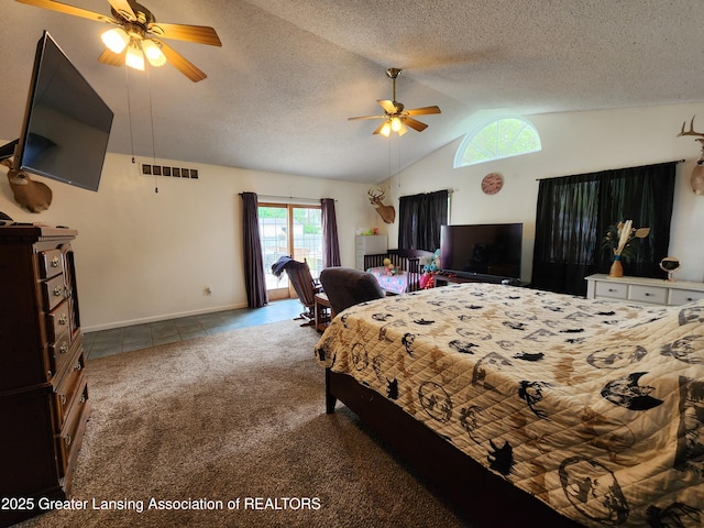136 N Chestnut St, Owosso, MI 48867 - bedroom with lofted ceiling, multiple windows, baseboards, carpet floors, and tile patterned floors