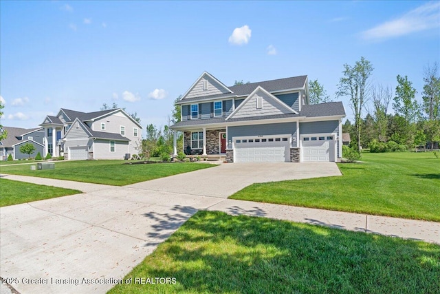 4150 Stillbrook Ln, Dewitt, MI 48820 - view of front facade with stone siding, concrete driveway, a front yard, and an attached garage