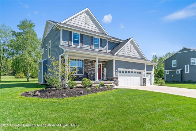 4150 Stillbrook Ln, Dewitt, MI 48820 - view of front of home with a porch, driveway, a garage, a front yard, and stone siding