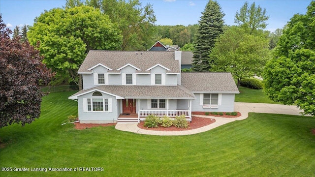 3720 Lott Ave, Holt, MI 48842 - traditional home with a porch, a shingled roof, a front lawn, and a chimney