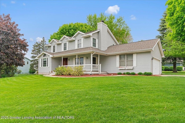 3720 Lott Ave, Holt, MI 48842 - view of front of property with a porch, a garage, a front yard, a chimney, and roof with shingles