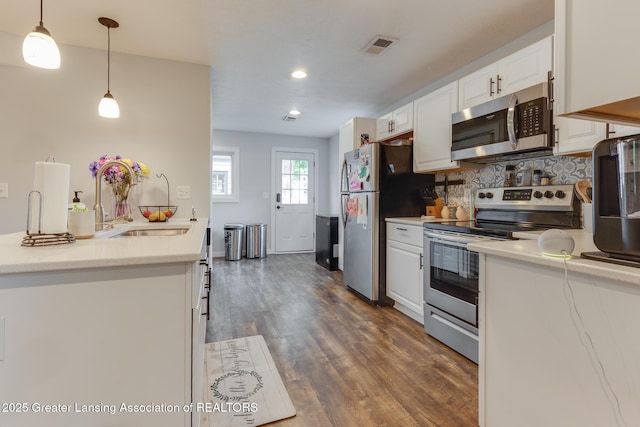 4614 Addison Rd, Lansing, MI 48917 - kitchen featuring stainless steel appliances, a sink, white cabinetry, decorative backsplash, and dark wood finished floors