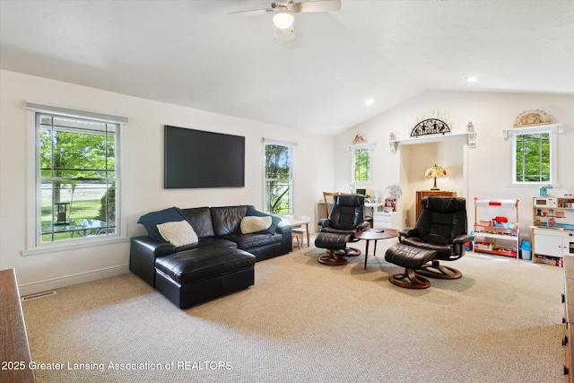 1435 Epley Rd, Williamston, MI 48895 - carpeted living room featuring vaulted ceiling, a ceiling fan, recessed lighting, and baseboards