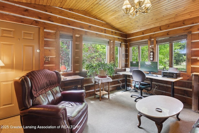 1435 Epley Rd, Williamston, MI 48895 - carpeted office featuring vaulted ceiling, healthy amount of natural light, wooden walls, wood ceiling, and a chandelier