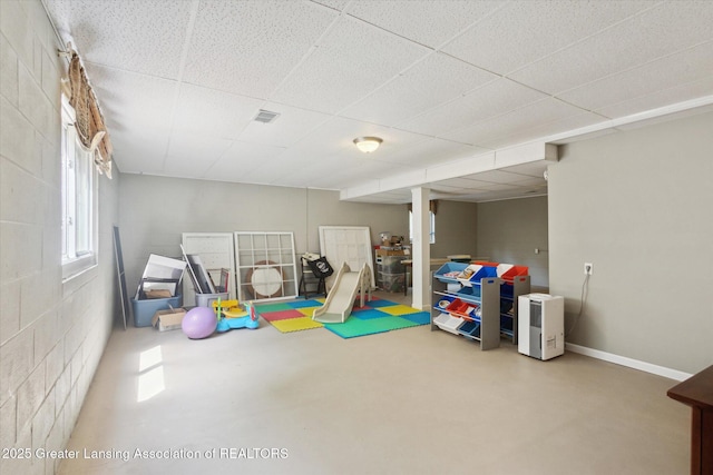 1435 Epley Rd, Williamston, MI 48895 - rec room with concrete floors, concrete block wall, and a drop ceiling