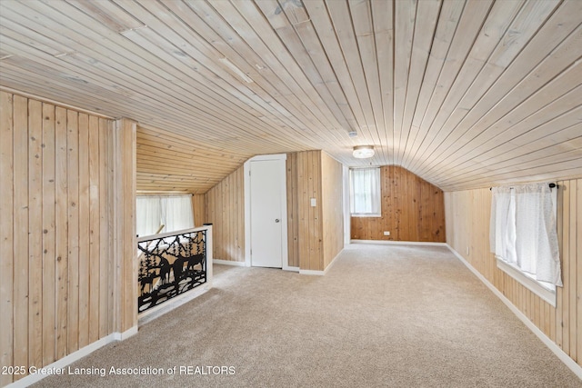 1900 Kaplan St, Lansing, MI 48917 - bonus room featuring wood ceiling, lofted ceiling, wooden walls, carpet floors, and baseboards