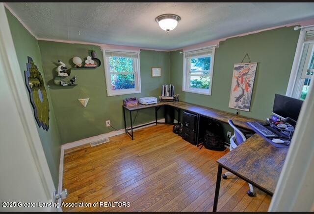 711 W Henry St, Charlotte, MI 48813 - home office with hardwood / wood-style flooring, a textured ceiling, baseboards, and ornamental molding