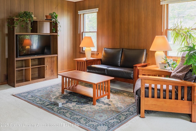 3129 Birch Row Dr, East Lansing, MI 48823 - living room featuring wooden walls and carpet flooring