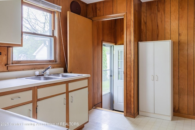 3129 Birch Row Dr, East Lansing, MI 48823 - kitchen featuring light countertops, a sink, wooden walls, and white cabinets