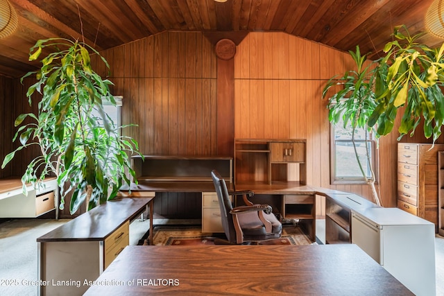 3129 Birch Row Dr, East Lansing, MI 48823 - office space with vaulted ceiling, wooden walls, wooden ceiling, and built in study area