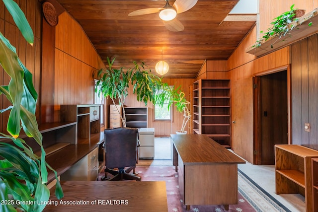 3129 Birch Row Dr, East Lansing, MI 48823 - office space featuring wooden ceiling, wooden walls, a ceiling fan, and lofted ceiling