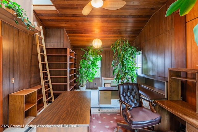 3129 Birch Row Dr, East Lansing, MI 48823 - home office with wooden ceiling, wood walls, and a ceiling fan