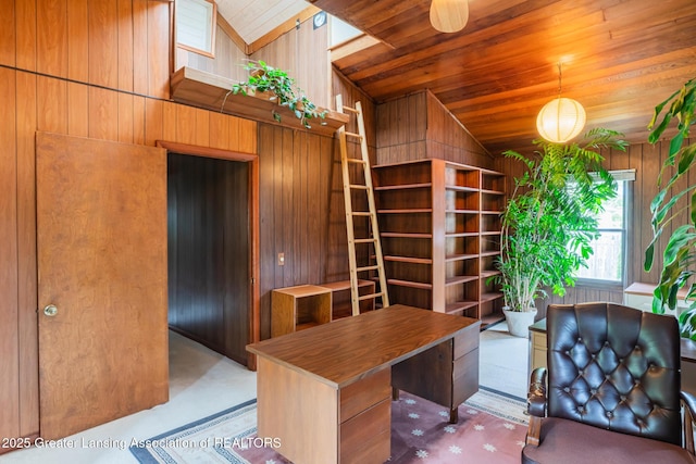 3129 Birch Row Dr, East Lansing, MI 48823 - office space with wooden walls, wooden ceiling, and lofted ceiling
