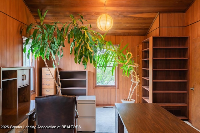 3129 Birch Row Dr, East Lansing, MI 48823 - home office with wooden walls, vaulted ceiling, and wood ceiling