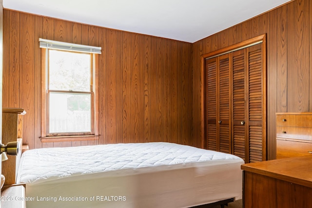 3129 Birch Row Dr, East Lansing, MI 48823 - bedroom featuring a closet and wooden walls