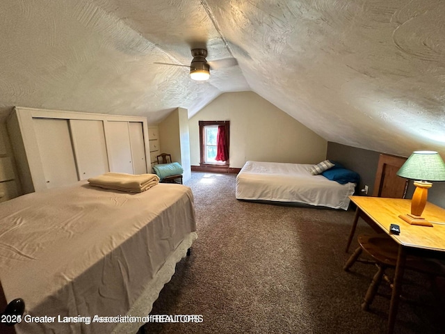 13862 Hartel Rd, Grand Ledge, MI 48837 - carpeted bedroom featuring a textured ceiling, lofted ceiling, a ceiling fan, and a closet
