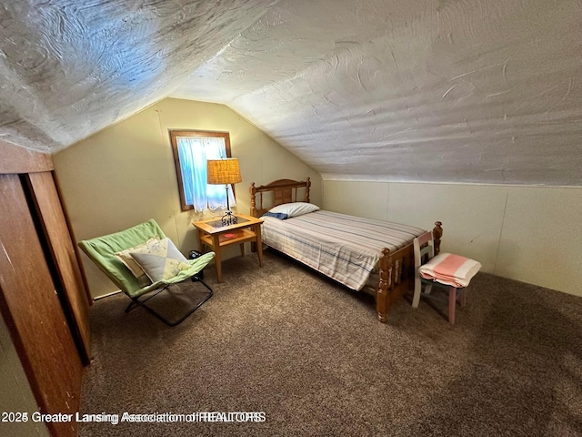 13862 Hartel Rd, Grand Ledge, MI 48837 - carpeted bedroom featuring vaulted ceiling and a textured ceiling