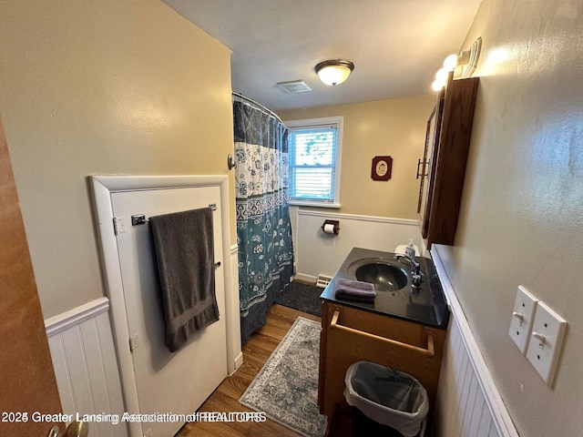 13862 Hartel Rd, Grand Ledge, MI 48837 - full bathroom featuring wood finished floors, vanity, and a shower with curtain