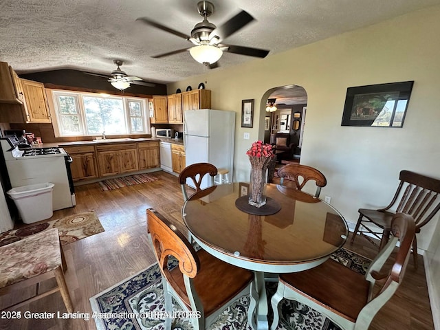 13862 Hartel Rd, Grand Ledge, MI 48837 - dining area featuring arched walkways, a ceiling fan, light wood-style floors, vaulted ceiling, and a textured ceiling