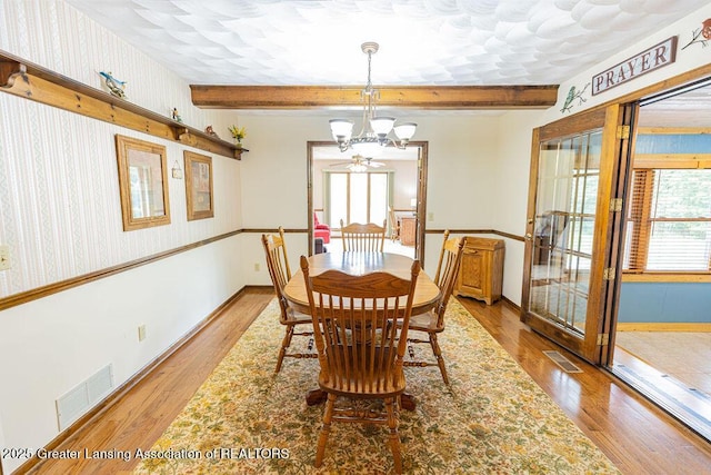 2278 Narrow Lake Rd, Charlotte, MI 48813 - dining room with a chandelier, beam ceiling, wood finished floors, and baseboards